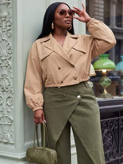 Slaydiva Chaqueta para mujer de talla grande, color caqui liso, manga larga con puño elástico, cuello reversible, cintura corta, estilo casual moderno para primavera/inicio de otoño, uso diario, calle, citas, vacaciones, negocios, maestra y oficina - A
