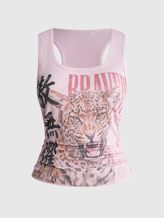 ROMWE Avant Damen-Tanktop in Große Größen, Vintage, neuer chinesischer Stil, Leopardenmuster und chinesisch-englischer Muster, vielseitig kombinierbar