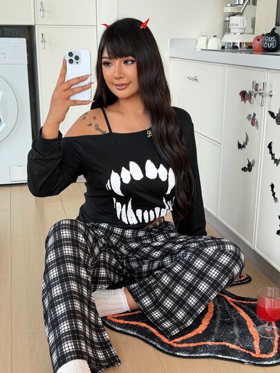 ZzzCrew Set Pakaian Santai Wanita Ukuran Plus Motif Taring Bahu Asimetris Gaya Halloween Gadis Seksi Eropa dan Amerika