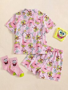 SpongeBob SquarePants | SHEIN 女童卡通印花短袖上衣與短褲居家休閒套裝 - 彩色 - 查看 2