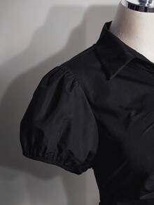 SHEIN ICON Plus Size Women's Summer Retro Goth Casual Sexy Millennial Style Y2K Gothic Halloween Outfit: Puff Sleeve Black Shirt Going Out Night Club Party - Black - View 3