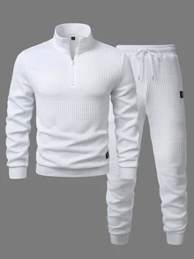 Manfinity Homme Men's Knitted Jacquard Solid Color Textured White Zipper Leather Patch Cuff Hem Leg Opening White Ribbed Pullover Sweatshirt Set - White - View 5