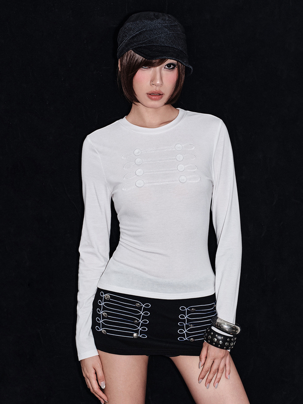 ROMWE Camada base feminina de manga comprida Y2K versátil casual com detalhe Napoleão, bordada em tecido próprio, botões, algodão, design personalizado de nicho
