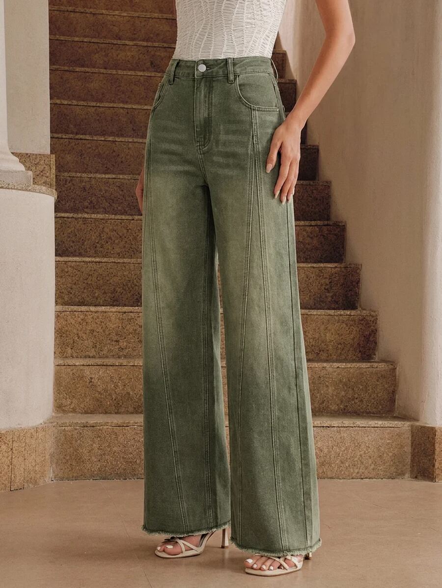 Anewsta Women's Fashion New Patchwork Casual Vacation Style White Straight Leg Jeans - Army Green - View 1
