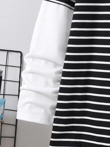 SHEIN 青少年男孩休閒舒適百搭條紋拼接袖長袖上衣 - 黑與白 - 查看 4