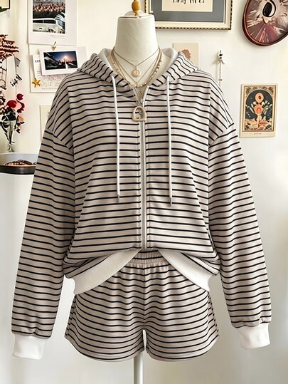 INAWLY Ensemble décontracté femme grande taille avec Sweat-shirt-shirt à capuche zippé à manches longues et épaules tombantes rayé et short