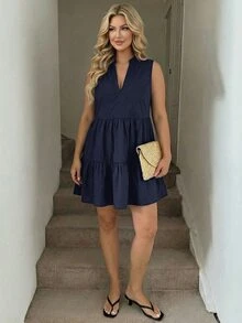 Easowa Curve Plus Size Summer Casual Solid Color Sleeveless Dress - Navy Blue - View 4