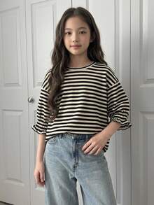 DAZY Tween Girls Apricot Knitted Striped Short Sleeve Round Neck Autumn Lantern Sleeve Loose T-Shirt - Apricot - View 7