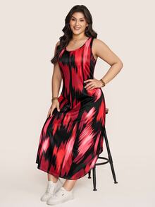 Comfylo Plus Size Casual Printed Colorblock Pocket Dress For Vacation - Multicolor - View 5