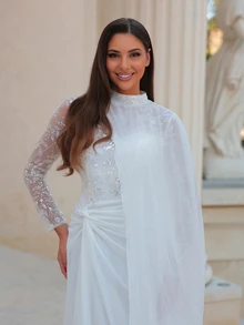 Aureia Elegant Luxurious White Sequin Embroidered Patchwork Chiffon Stand Collar Trumpet Sleeve 2 In 1 Mermaid Dress With Train Wedding Dress - White - View 4