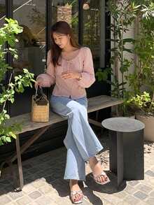Dazy Tall Women's Large Scoop Neck Long Sleeve Casual Pink Blouse Vacation - Pink - View 5