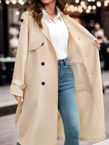 SHEIN Clasi 女款雙排扣收腰繫帶前襟極簡優雅風衣 - 卡其色 - 查看 6