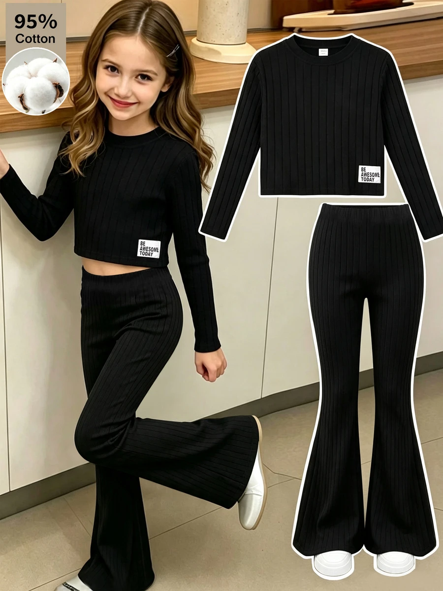 SHEIN طقم من قطعتين للبنات بتصميم كاجوال عصري، تي شيرت بأكمام طويلة وياقة وهمية بقصة ضيقة ومضلعة مع بنطال واسع الساق، للارتداء اليومي، خريف/شتاء - الأسود - مشاهدة 1