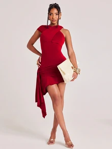 NYA SZN Minikleid ärmellos mit gekreuztem Ausschnitt, Twist-Träger, einem Ärmel, Bindedetail an der Seite, High-Low-Saum, figurbetont, Cocktailkleid für Nachtausgang und Party, Rot, Sommer, Herbst, Bandage - leuchtend rot - Übersicht 6