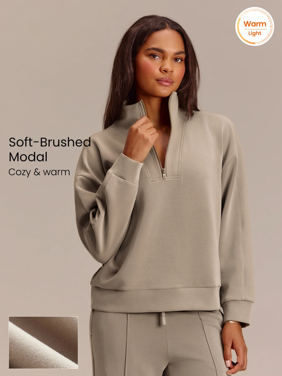 GLOWMODE 柔軟刷毛莫代爾 All-Star 寬鬆半拉鍊運動衫,可調式立領與羅紋門襟,日常休閒夏季穿搭 - 卡其色 - 查看 1