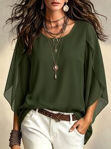 SHEIN LUNE 大尺碼女款透視襯衫，大喇叭袖，修身優雅 - 軍綠色 - 查看 3