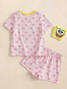 SpongeBob SquarePants | SHEIN Young Girl Cartoon Print Short Sleeve Top And Shorts Casual Daily Home Sleepwear Set - Baby Pink - View 2