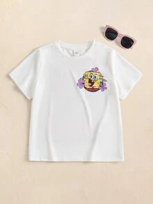 SpongeBob SquarePants | SHEIN 青少年女孩圓領短袖休閒T恤 - 白色 - 查看 2