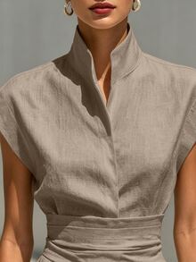 SHEIN 女款春夏休閒極簡優雅度假風立領收腰日常百搭長洋裝，女款春夏套裝，女款優雅洋裝，女款休閒洋裝，女款度假洋裝 - 卡其色 - 查看 3
