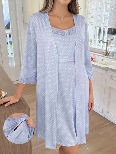 Moonlight&Mama Polka Dot Print Lace Trim Maternity Nightgown Slip Dress, Suitable For Moms To Wear All Seasons