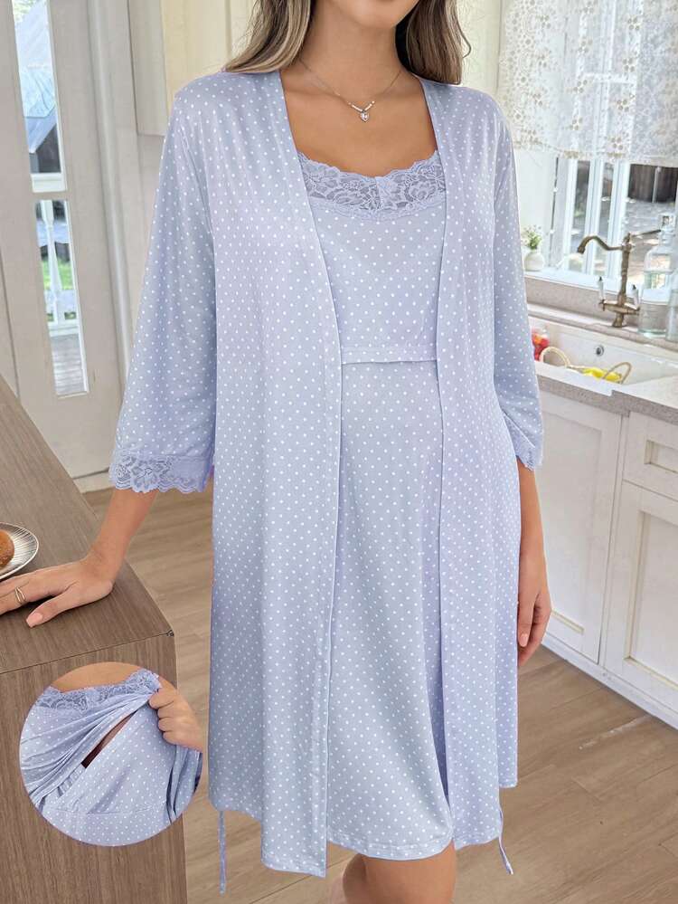Moonlight&Mama Polka Dot Print Lace Trim Maternity Nightgown Slip Dress, Suitable For Moms To Wear All Seasons - Blue - View 1
