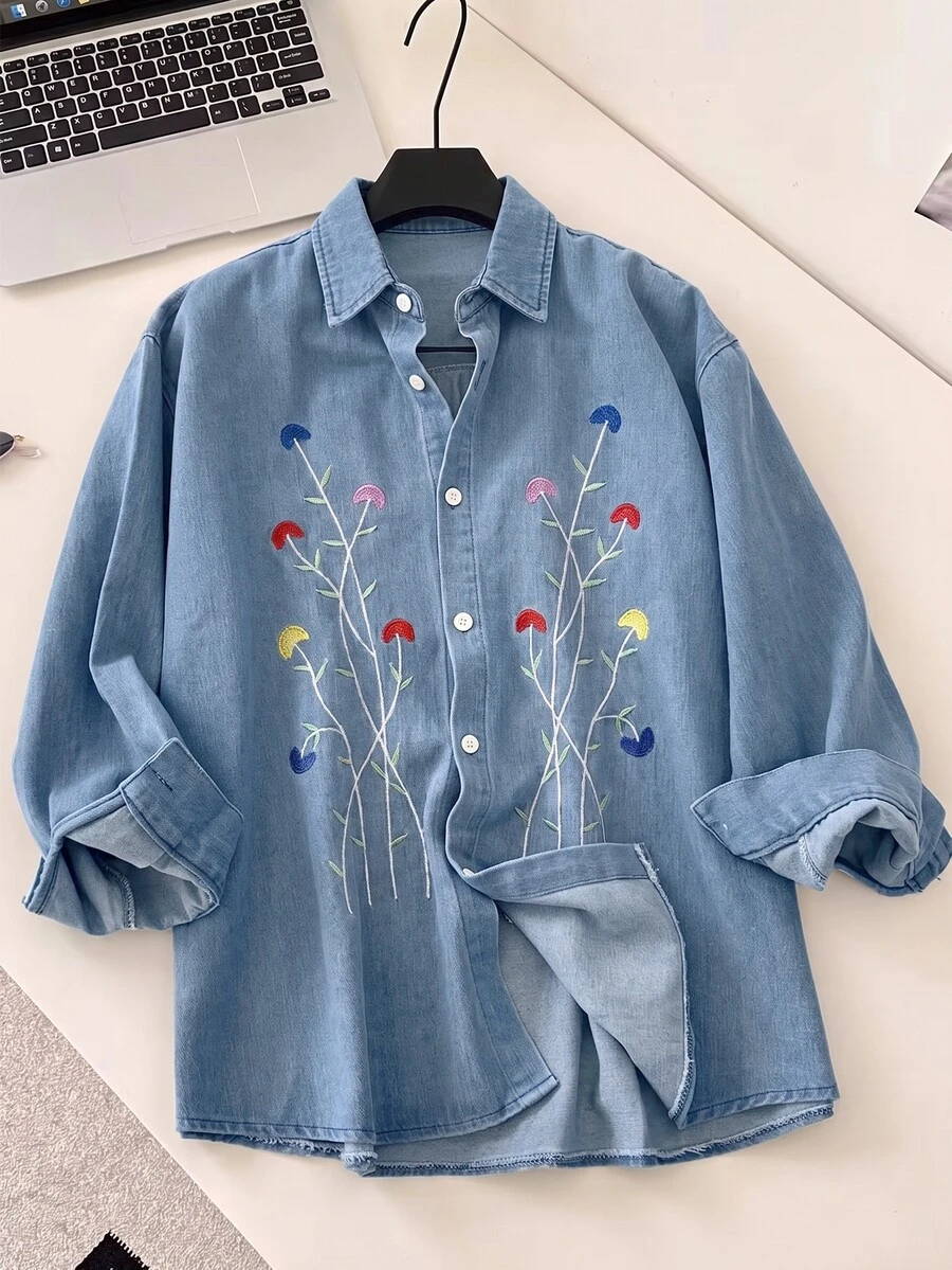 GlowEve 女款花卉刺繡圖案休閒百搭日常穿著牛仔上衣 - 藍色 - 查看 1