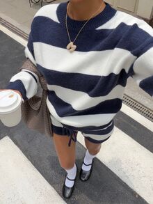 Muchica Minimalist Fashionable Sporty Color Block Striped Knit Sweater Set - Blue and White - View 3