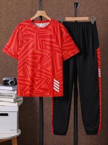 SHEIN 青少年男孩 2件組休閒短袖上衣與長褲套裝，運動風街頭穿搭 - 紅色 - 查看 4