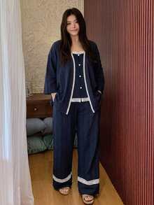 Dazy Plus 3件組度假風居家服套裝，紋理波點布料，大尺碼女款春夏白色睡衣套裝 - 藏蓝色 - 查看 4