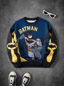 BATMAN X SHEIN Sweatshirt Anak Laki-Laki Usia Remaja dengan Motif Kartun Patchwork Blok Warna - MultiWarna - View 1