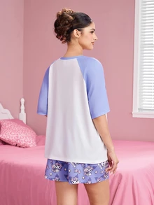 HELLO KITTY AND FRIENDS | SHEIN Set Piyama Kaos Lengan Raglan dan Celana Pendek Motif Huruf untuk Wanita - Purple - View 2