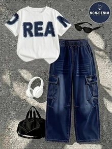SHEIN 2件組青少年男孩休閒酷風英文標語印花圓領短袖T恤與寬腿工裝褲套裝，適合假期派對、春夏舒適易穿、夏季必備時尚休閒穿搭、春夏街頭風、返校派對、適合戶外活動 - 彩色 - 查看 5