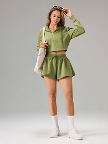 OutZeal Women Sports Jacket Casual Workout Gym Cropped Zip Up Hooded Jacket - Green - View 5