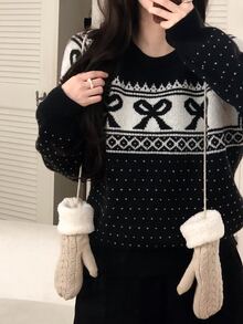 DAZY Women's Round Neck Bowknot Korean Style Long Sleeve Colorblock Autumn/Winter Sweater - Black - View 1