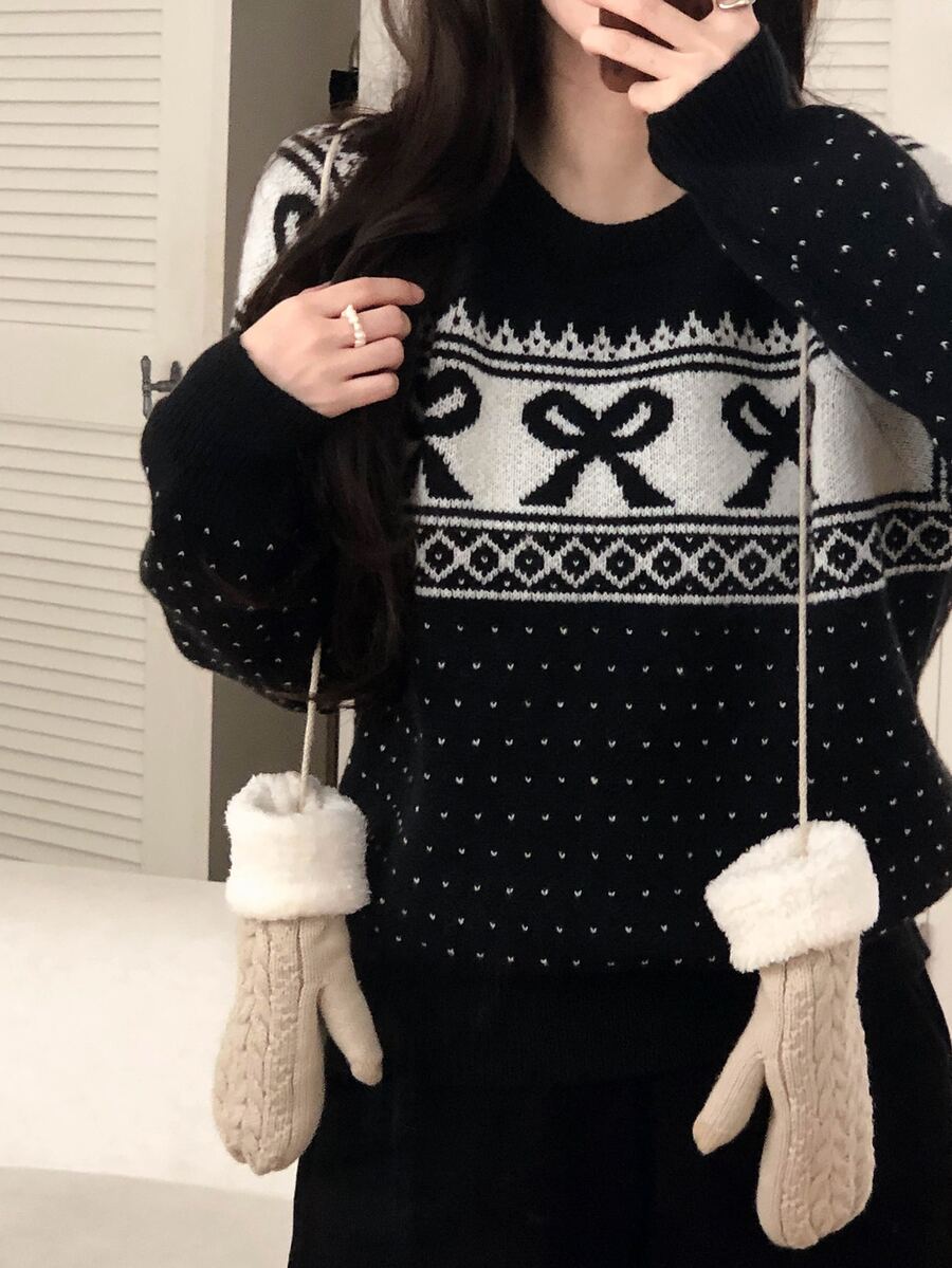 DAZY Women's Round Neck Bowknot Korean Style Long Sleeve Colorblock Autumn/Winter Sweater - Black - View 1