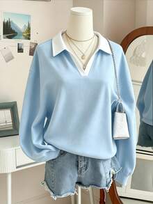 INAWLY 大尺碼女款拼色領口落肩長袖休閒百搭衛衣 - 淺藍色 - 查看 1