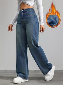 SHEIN EZwear 女款口袋寬腿鬆垮休閒百搭牛仔褲 - 深色水洗藍 - 查看 6