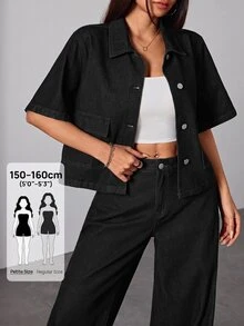 SHEIN PETITE 女款時尚單排扣口袋牛仔外套 外出早午餐旅行上衣 日常黑色夏季休閒基礎街頭風 - 黑色 - 查看 7