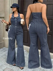 Rivivi Plus Size Women's Stretch Denim Striped Jumpsuit, High-Intellect Striped Design Jumpsuit, Cowboy Outfits For Women - Blue - View 2