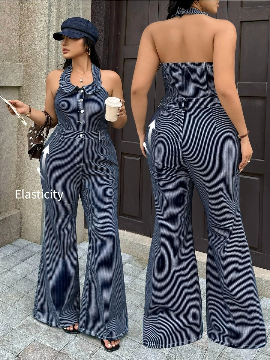 Rivivi Plus Size Women's Stretch Denim Striped Jumpsuit, High-Intellect Striped Design Jumpsuit, Cowboy Outfits For Women