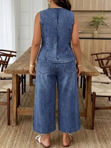 EMERY ROSE EMERY ROSE Plus Size Button Asymmetrical Hem Tank Top And Loose 3/4 Length Pants With Pockets Denim 2 Pieces Set - Dark Wash - View 3