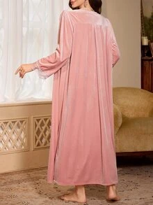 PalaceNights 2pcs Women's Heavy Embroidery Lace Velvet Robe & Camisole Dress Set - Pink - View 2