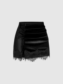 Sweetra Y2K Patchwork Eyelash Trim Commuter Casual Elegant Versatile Slimming Party Skirt - Black - View 3