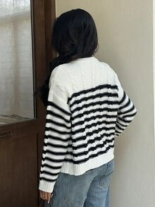 Autumina Soft Cable Knit Black & White Striped Crew Neck Cardigan For Women - Black and White - View 2