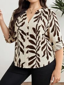 Modelyn Plus Size Women's Leaf Print Casual Versatile Daily Wear Shirt - Multicolor - View 4