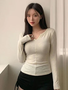 DAZY Women's Fitted Semi-Sheer Cutout V-Neck T-Shirt Fall - Beige - View 4