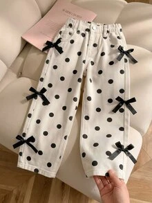 SHEIN Girls Cream White Polka Dot Black Bow Decor Wide Leg Pants, Loose Straight Leg, 100% Cotton Denim Jeans, Flattering Snug Fit Fit, Casual Versatile For Daily School, Outings, Vacation, Korean Style, Blogger Inspired Ins Style - Multicolor - View 1