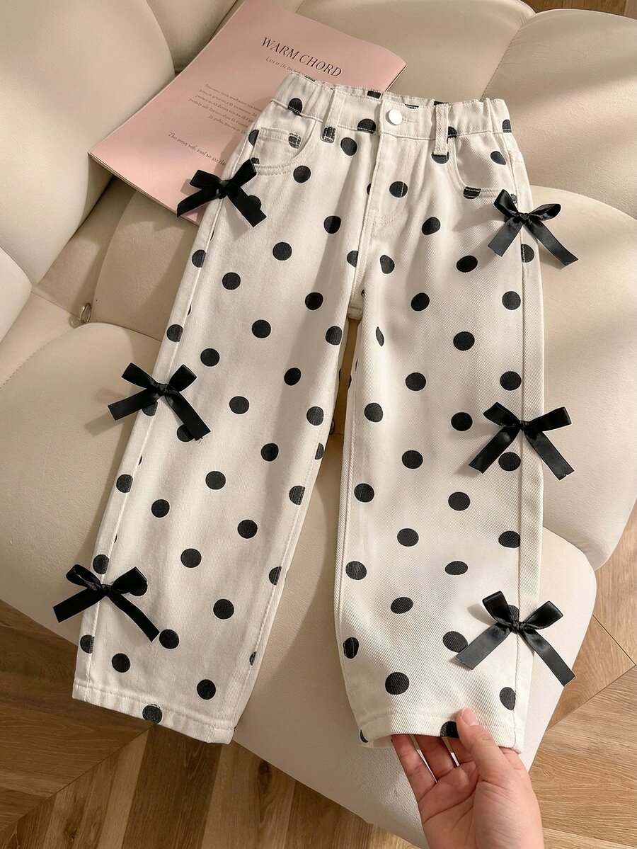 SHEIN Girls Cream White Polka Dot Black Bow Decor Wide Leg Pants, Loose Straight Leg, 100% Cotton Denim Jeans, Flattering Snug Fit Fit, Casual Versatile For Daily School, Outings, Vacation, Korean Style, Blogger Inspired Ins Style - Multicolor - View 1