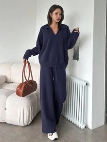 Dazy Tall Women's Loose Pullover Sweater And Long Pants Casual Knitwear 2 Pieces Set - Navy Blue - View 3