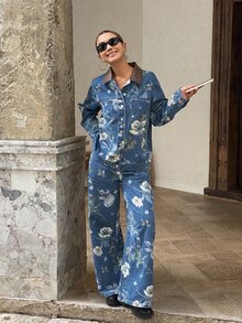 DAZY Women's Floral Print All-Over Loose Denim Jacket And Straight Leg Pants Vacation Style Denim Set Fall - Medium Wash - View 7